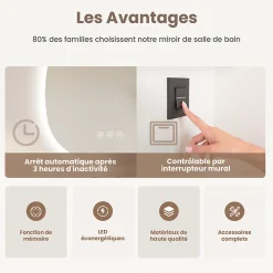 Miroir Lumineux|EMKE Miroir salle de bain avec éclairage, asymétrique, anti-buée, interrupteur tactile, 3 couleurs de lumière réglable, 65 x 45 cm