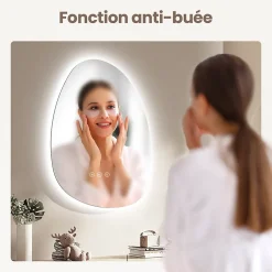 Miroir Lumineux|EMKE Miroir salle de bain avec éclairage, asymétrique, anti-buée, interrupteur tactile, 3 couleurs de lumière réglable, 65 x 45 cm