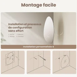 Miroir Lumineux|EMKE Miroir salle de bain avec éclairage, asymétrique, anti-buée, interrupteur tactile, 3 couleurs de lumière réglable, 65 x 45 cm