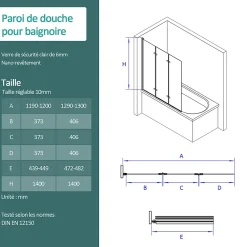 EMKE Pare de baignoire en 6 mm verre securit Paroi de douche pliable pour baignoire, 130x140cm,Revêtement Nano facile à nettoyer