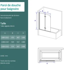 Pare-Baignoire|EMKE Pare de baignoire en 6 mm verre securit Paroi de douche pliable pour baignoire Revêtement Nano facile à nettoyer 110 x 140 cm
