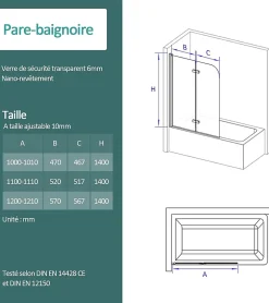 Pare-Baignoire|EMKE Pare-baignoire paroi de douche pour baignoire noir mat 2 parties pliable 110x140cm pare-baignoire 6mm NANO GLASS