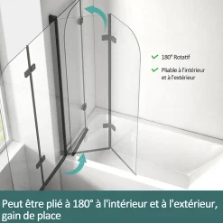 EMKE Pare-baignoire paroi de douche pour baignoire noir mat 2 parties pliable 100x140cm pare-baignoire 6mm NANO GLASS