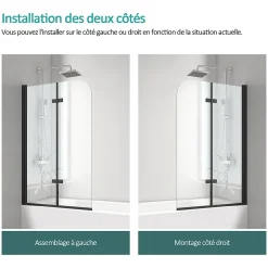 EMKE Pare-baignoire paroi de douche pour baignoire noir mat 2 parties pliable 100x140cm pare-baignoire 6mm NANO GLASS