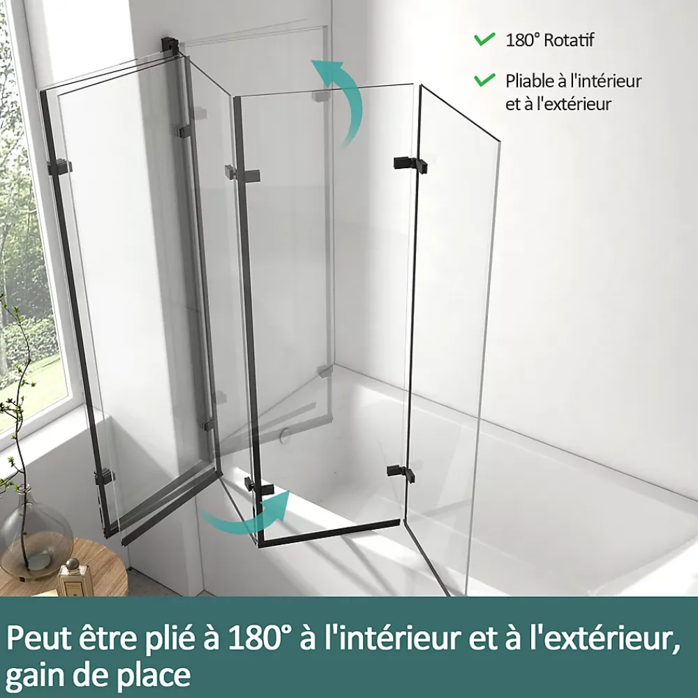 EMKE Pare-baignoire paroi de douche pour baignoire noir mat 3 parties pliable 120x140cm pare-baignoire 6mm NANO GLASS