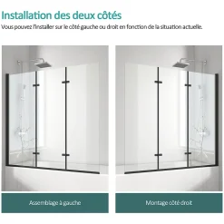 EMKE Pare-baignoire paroi de douche pour baignoire noir mat 3 parties pliable 120x140cm pare-baignoire 6mm NANO GLASS