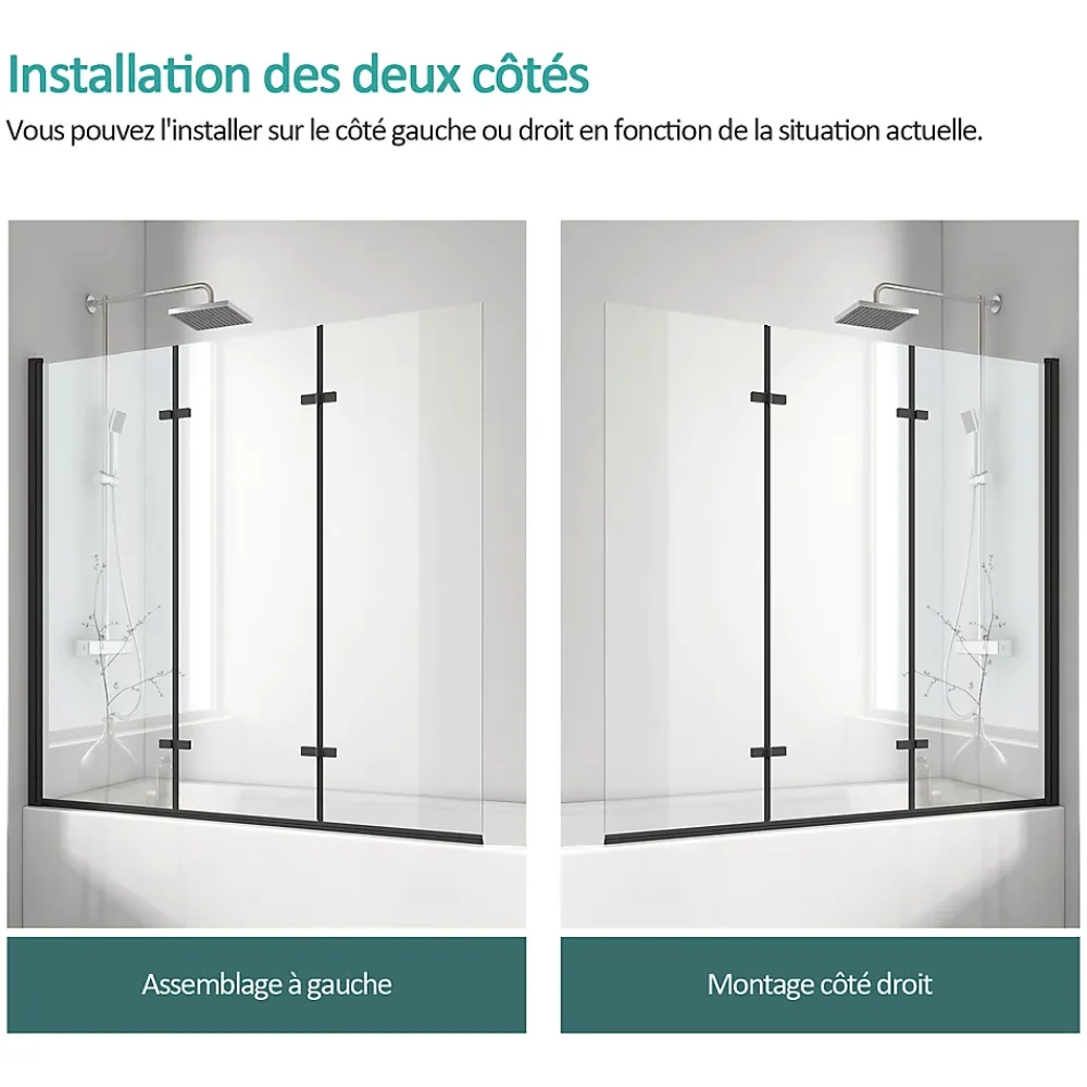 EMKE Pare-baignoire paroi de douche pour baignoire noir mat 3 parties pliable 120x140cm pare-baignoire 6mm NANO GLASS