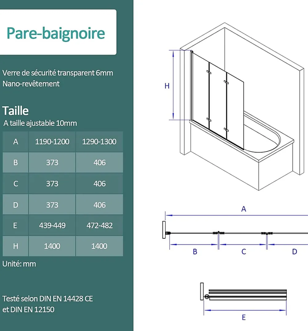 EMKE Pare-baignoire paroi de douche pour baignoire noir mat 3 parties pliable 120x140cm pare-baignoire 6mm NANO GLASS