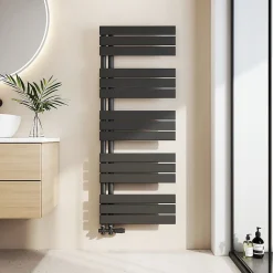 Sèche-Serviettes Eau Chaude|EMKE Radiateur Chauffe-Serviettes à Eau Chaude, Modèle Plat Anthracite Connexion Latérale 1320x500mm 661W