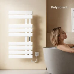 EMKE Radiateur sèche-serviettes électrique salle de bain avec thermostat, 100x50 cm, 350W, blanc brillant
