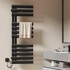 Sèche-Serviettes Électrique|EMKE Radiateur sèche-serviettes électrique salle de bain avec thermostat, panneau chauffant, minuterie, 130x50 cm, 450W, noir mat
