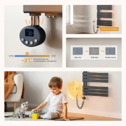EMKE Radiateur Sèche-Serviettes Électrique 762x600 mm, Gris Anthracite 400W, WiFi, Modes Intelligents, IPX4