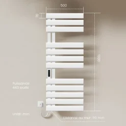 EMKE Radiateur sèche-serviettes électrique salle de bain avec thermostat, 130x50 cm, 450W, blanc brillant