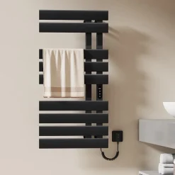 Sèche-Serviettes Électrique|EMKE Radiateur sèche-serviettes électrique salle de bain avec thermostat, panneau chauffant, minuterie, 100x50 cm, 350W, noir mat