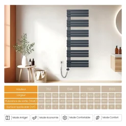 EMKE Radiateur Sèche-Serviettes Électrique 1320x500 mm, Gris Anthracite 800W, WiFi, Modes Intelligents, IPX4