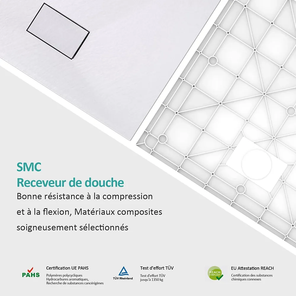 EMKE Receveur de douche receveur de douche plat antidérapant SMC receveur de douche à découper, 140x90cm, Blanc