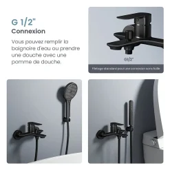 EMKE Robinet bain et douche noir mat, Mitigeur mural 21.2x18.3 cm, robinet salle de bain levier unique