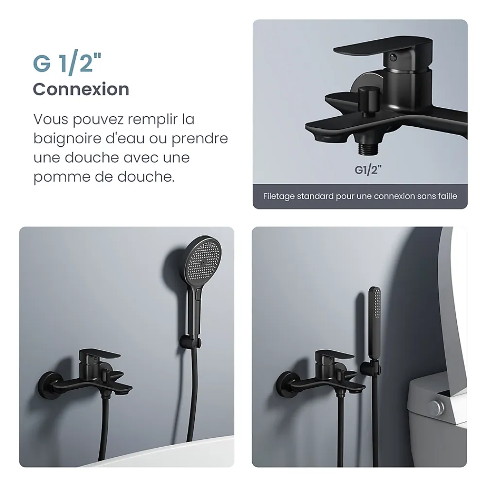 EMKE Robinet bain et douche noir mat, Mitigeur mural 21.2x18.3 cm, robinet salle de bain levier unique