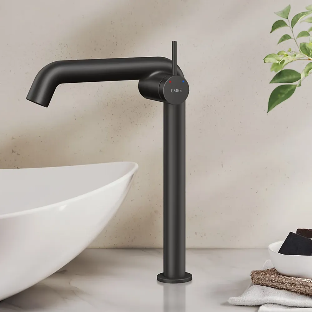 EMKE Robinet de Salle de Bain Noir Mat, 332 x 220 x 76 mm, Laiton, Cartouche Céramique, Mitigeur pour Lavabo, Installation Facile