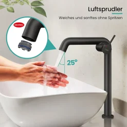 EMKE Robinet de Salle de Bain Noir Mat, 332 x 220 x 76 mm, Laiton, Cartouche Céramique, Mitigeur pour Lavabo, Installation Facile