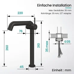 EMKE Robinet de Salle de Bain Noir Mat, 332 x 220 x 76 mm, Laiton, Cartouche Céramique, Mitigeur pour Lavabo, Installation Facile