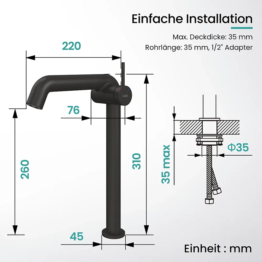 EMKE Robinet de Salle de Bain Noir Mat, 332 x 220 x 76 mm, Laiton, Cartouche Céramique, Mitigeur pour Lavabo, Installation Facile