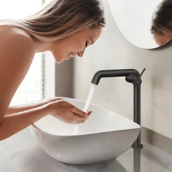 EMKE Robinet de Salle de Bain Noir Mat, 332 x 220 x 76 mm, Laiton, Cartouche Céramique, Mitigeur pour Lavabo, Installation Facile