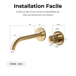 Robinet Lavabo Et Vasque|EMKE Robinet de Salle de Bain Modulaire,281x140x65mm,Corps en Laiton, Or Champagne,Mitigeur de lavabo mural,Cartouche en Céramique