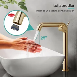 EMKE Robinet de Salle de Bain Or Champagne, 332x220x76 mm, Laiton, Cartouche Céramique, Mitigeur de Lavabo, Installation Facile