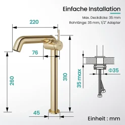 EMKE Robinet de Salle de Bain Or Champagne, 332x220x76 mm, Laiton, Cartouche Céramique, Mitigeur de Lavabo, Installation Facile