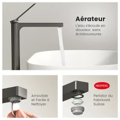 EMKE Robinet Lavabo Salle de Bain 335x233x46 mm Anthracite, Mitigeur en Cuivre, Robinet de Cuisine, Cartouche Céramique