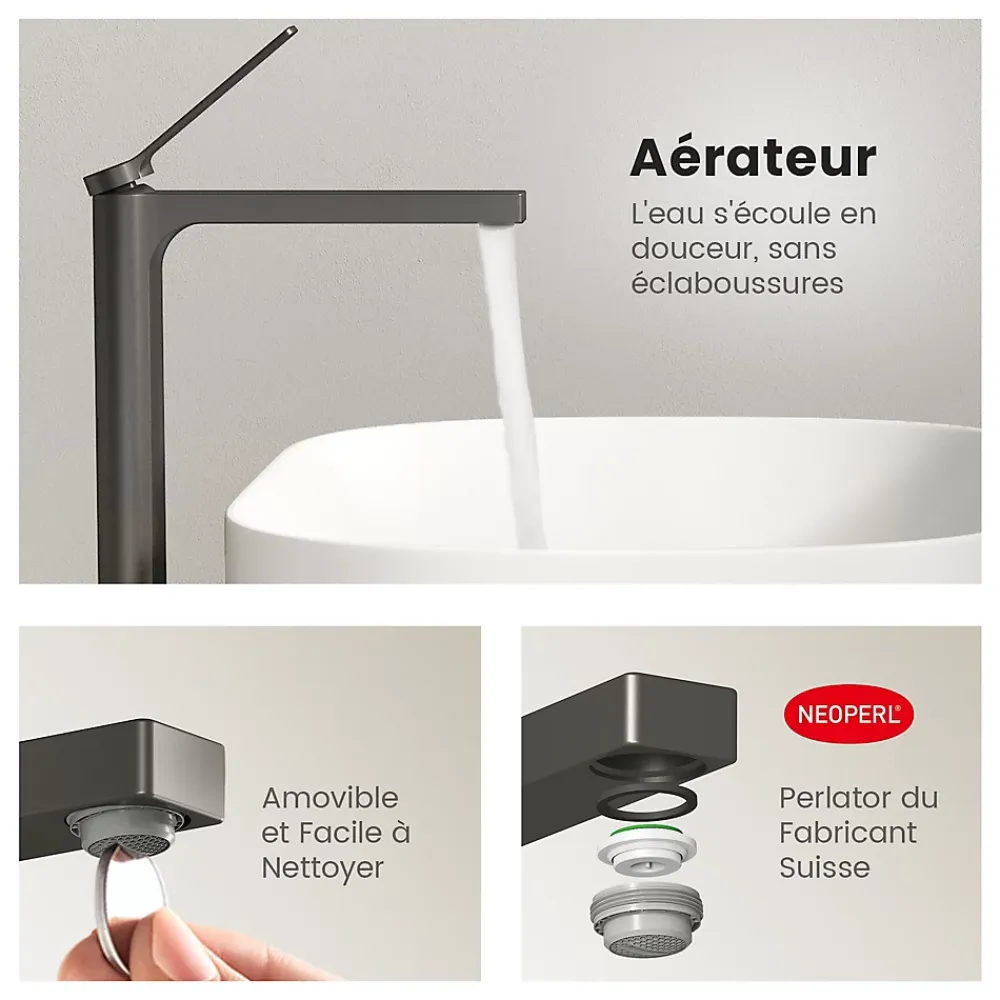 EMKE Robinet Lavabo Salle de Bain 335x233x46 mm Anthracite, Mitigeur en Cuivre, Robinet de Cuisine, Cartouche Céramique