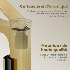 EMKE Robinet Lavabo Salle de Bain 335x233x46 mm Or Champagne, Mitigeur en Cuivre, Robinet de Cuisine , Cartouche Céramique