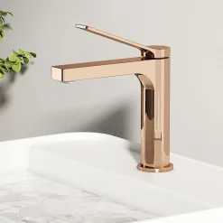 EMKE Robinet Salle de Bain Or Rose, 195x173x46 mm, Cartouche Céramique, Cuivre, Mitigeur de lavabo, Connexion 90 mm
