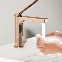 EMKE Robinet Salle de Bain Or Rose, 195x173x46 mm, Cartouche Céramique, Cuivre, Mitigeur de lavabo, Connexion 90 mm