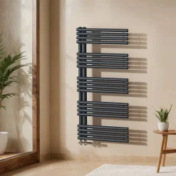 EMKE Sèche Serviettes à Eau Chaude pour Salle de Bain,127 x 60cm,Tuyaux Ronds Porte-Serviettes,Chauffe-Serviettes,Anthracite 776W
