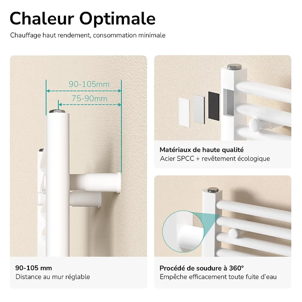 Sèche-Serviettes Eau Chaude|EMKE Sèche-serviette eau chaude, Radiateur sèche-serviettes raccordement central Blanc 160x60cm 761Watts