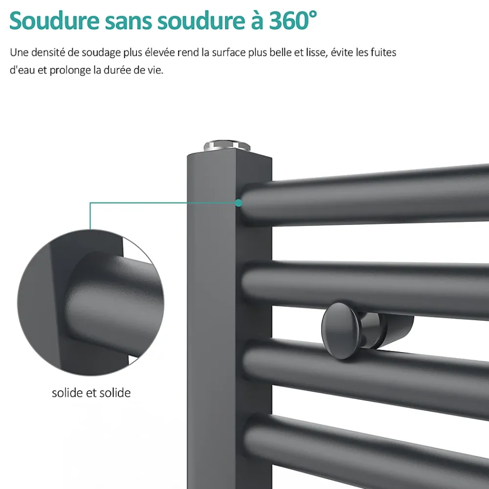 EMKE Sèche-serviette eau chaude, Radiateur sèche-serviettes raccordement central Anthracite 180x60cm 860Watts
