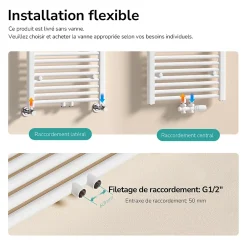 EMKE Sèche-serviette eau chaude, Radiateur sèche-serviettes raccordement central Blanc 100x60cm 498Watts