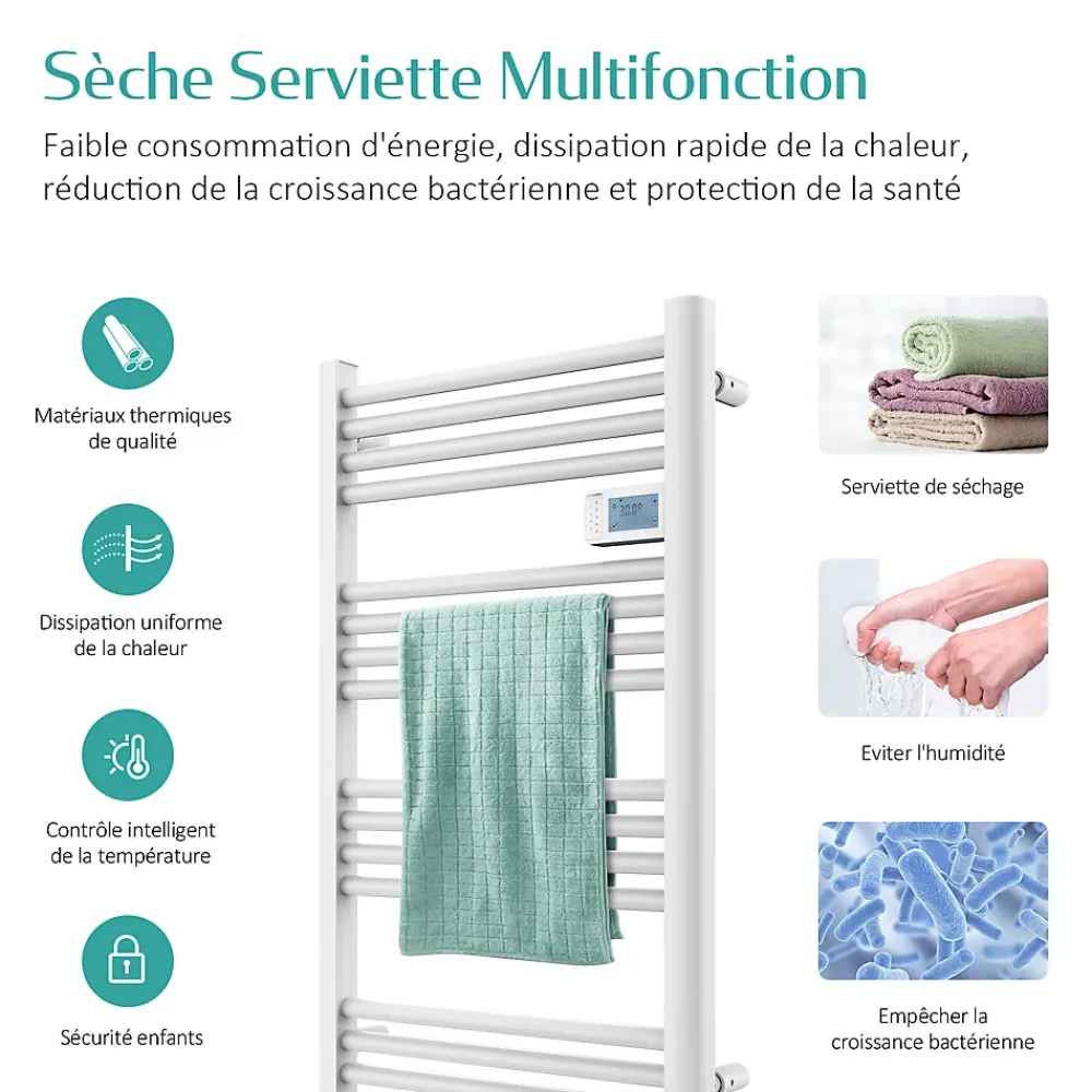 Sèche-Serviettes Électrique|EMKE Sèche-serviette électrique Aluminium Commande tactile Température réglable - 960 x 540 mm Blanc 500W