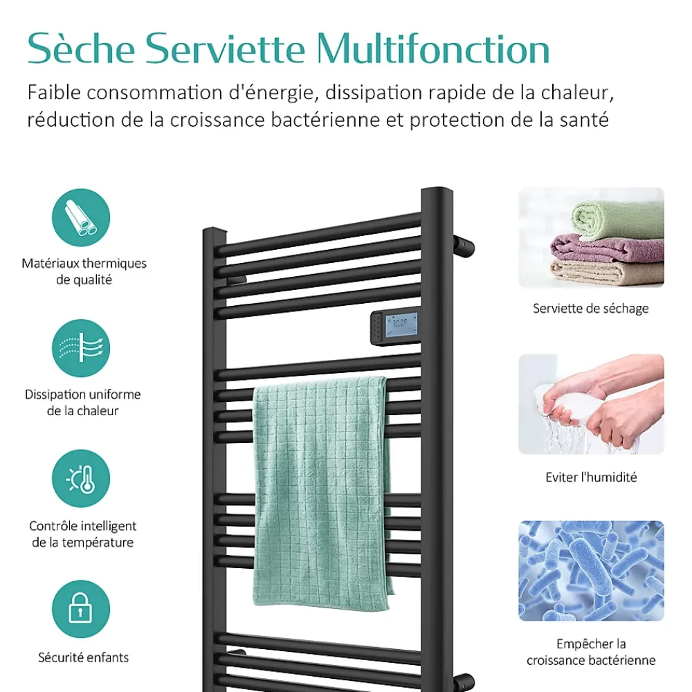 Sèche-Serviettes Électrique|EMKE Sèche-serviette électrique Aluminium Commande tactile Température réglable - 960 x 540 mm Noir 500W