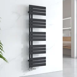 Sèche-Serviettes Eau Chaude|EMKE Sèche-serviettes à Eau Chaude Panneau Plat, Sèche-serviettes connexion latérale pour, Noir 1320x400mm 570Watts