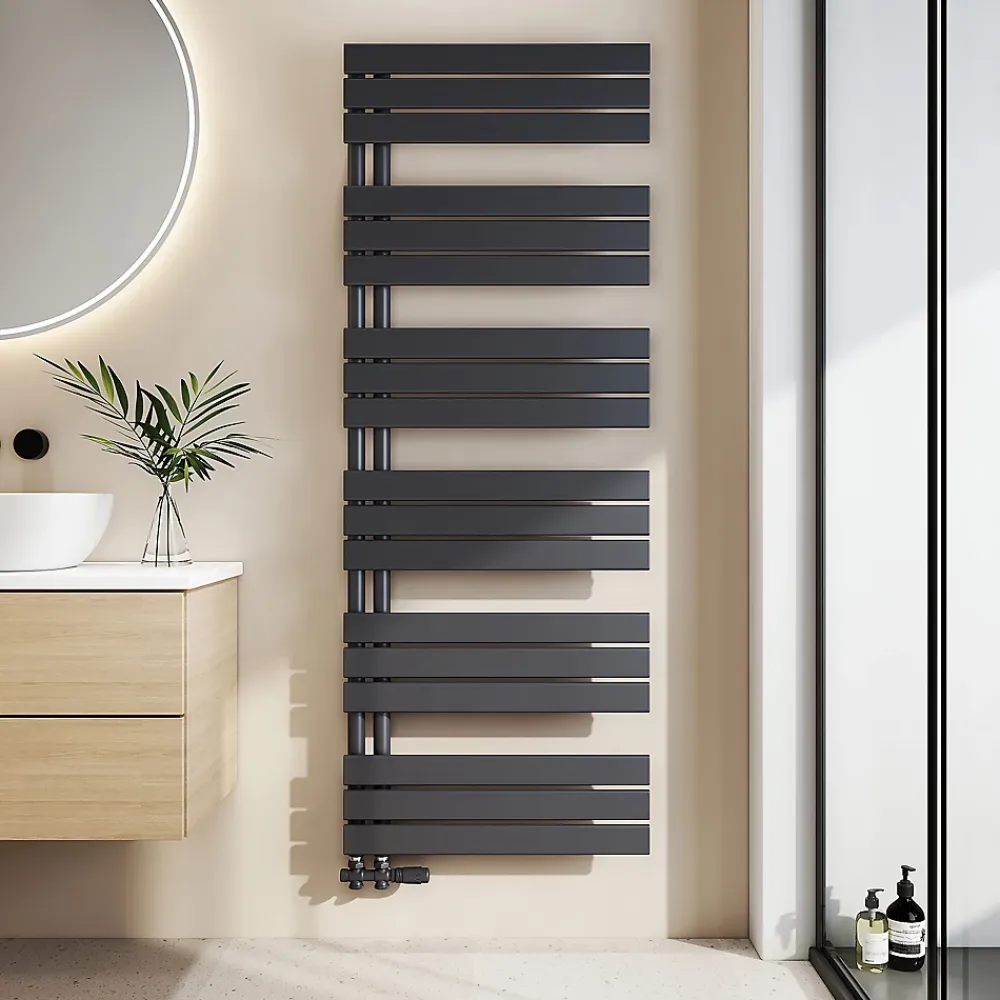Sèche-Serviettes Eau Chaude|EMKE Sèche-Serviettes à Eau Chaude Design Plat, Radiateur Salle de Bain Anthracite 1599x600mm 1005W