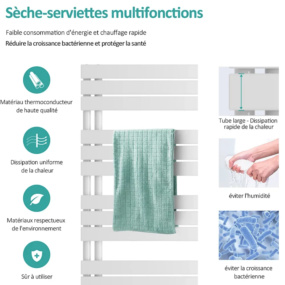 Sèche-Serviettes Eau Chaude|EMKE Sèche-Serviettes à Eau Chaude Design Plat, Radiateur Salle de Bain Anthracite 1599x600mm 1005W