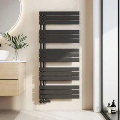 EMKE Sèche-Serviettes à Eau Chaude pour Salle de Bain, Panneau Plat Design Noir 1320x600mm 798W, Connexion Latérale