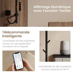 Sèche-Serviettes Électrique|EMKE Sèche-serviettes électrique WiFi Pure, noir givré, 150 x 12,5 cm, température réglable, minuterie