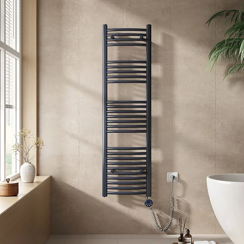 EMKE Sèche-serviettes électrique avec thermostat 140 x 40 cm, radiateur de salle de bain incurvé, gris anthracite, 500 watts