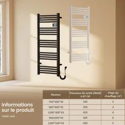 Sèche-Serviettes Électrique|EMKE Sèche-Serviettes Électrique 1200 x 540 mm,Porte-serviettes de salle de bain avec interrupteur tactile et minuterie,Noir,600W