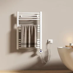 Sèche-Serviettes Électrique|EMKE Sèche-serviettes électrique avec thermostat 75 x 50 cm, radiateur de salle de bain incurvé,blanc brillant, 300 watts