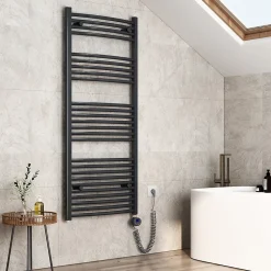 Sèche-Serviettes Électrique|EMKE Sèche-serviettes électrique avec thermostat 140 x 60 cm, radiateur de salle de bain incurvé, gris anthracite, 600 watts